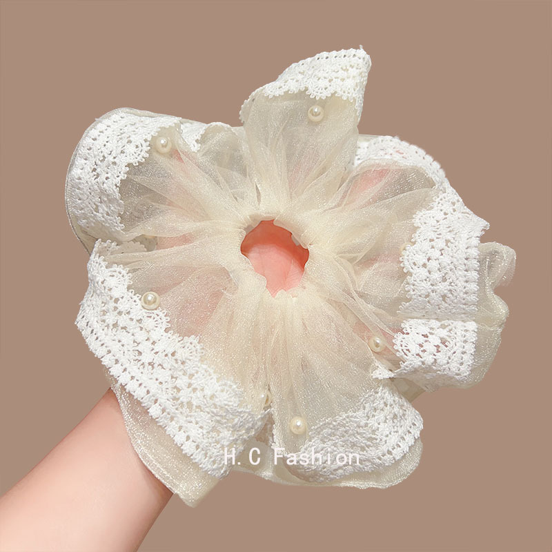High-end lace, pearl, large large intestine hair band, women's high-end look, ponytail hair tie, super fairy-like hair flower, elegant hair accessory details Picture