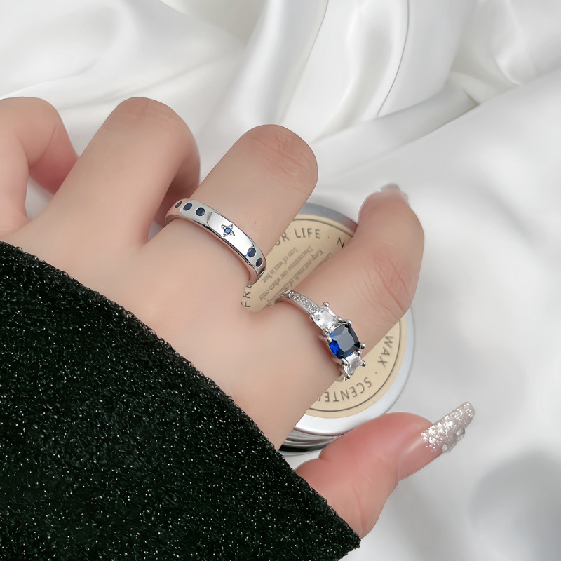 Korean-style unique blue diamond fashion open ring for women, geometric punk couple rings, ins cold style niche accessories Specification drawing