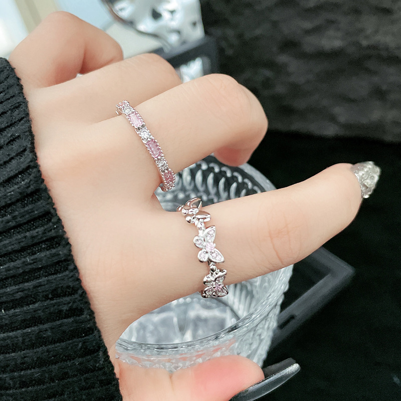 Sweet and cool pink diamond small women's ring, cold and simple butterfly style, unique and fashionable, exquisite open ring in a stacked villa details Picture