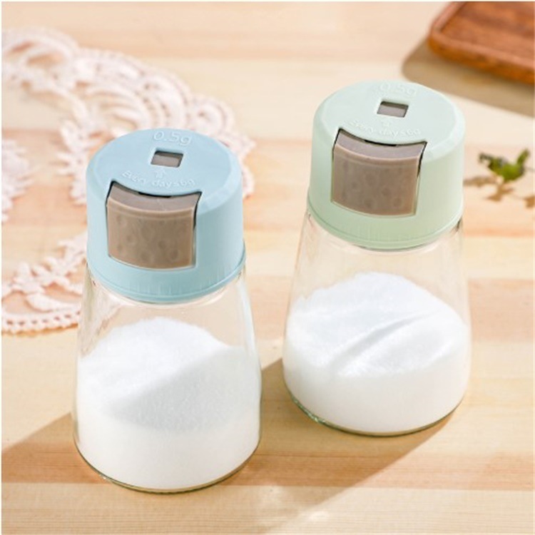 Kitchen glass seasoning and salt control bottle, press-type quantitative seasoning jar, sealed seasoning box, salt jar, monosodium glutamate seasoning jar Specification drawing