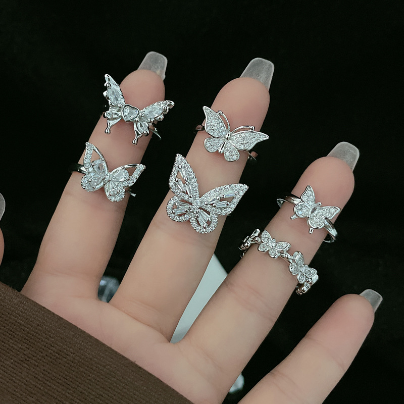 Simple butterfly full diamond, light luxury and high-end open ring, women's Instagram cold style, versatile and niche design index finger ring details Picture