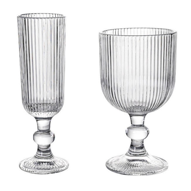 A complete set of European-style low-footed vertical striped red wine glasses, tall glasses, vertical striped glass wide-mouthed ice cream glasses and hotel wine sets Item Picture