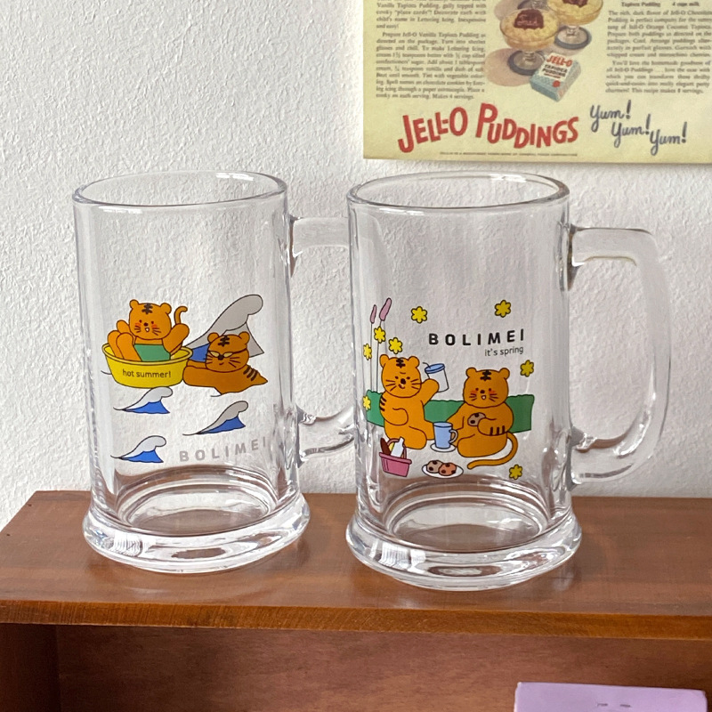 Bolimei's large-capacity glass cups for iced tea by the fire, cute cat and tiger water cups, milk tea cups, beer mugs and cartoon cups Specification drawing