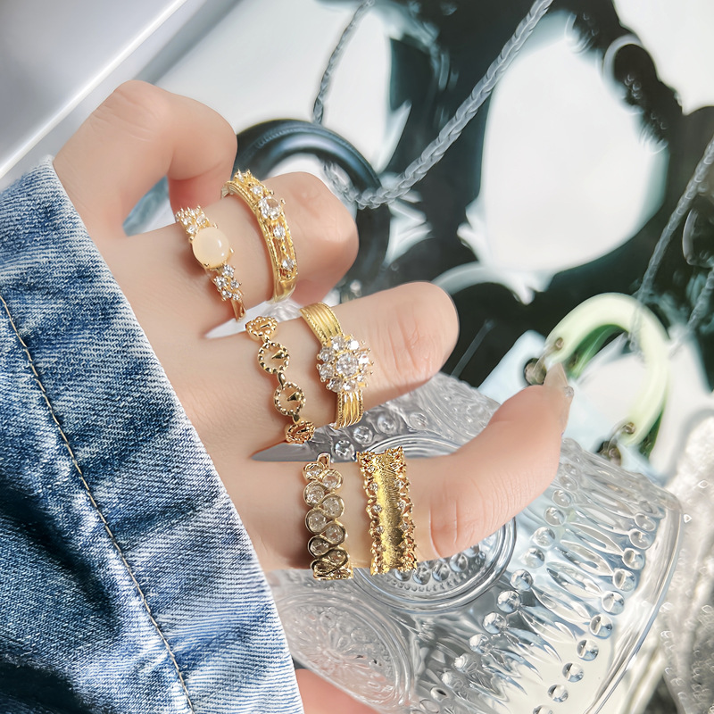 New mid-style brushed, diamond-encrusted, hollowed-out lace open ring for women, retro, light luxury, high-end, sweet and cool ring trend details Picture