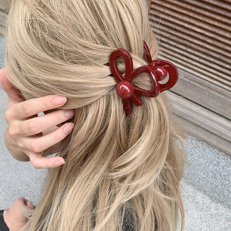 Ankela Red medium-sized pearl claw for women, new high-end bow style, casual semi-tied hair, small volume shark clip details Picture