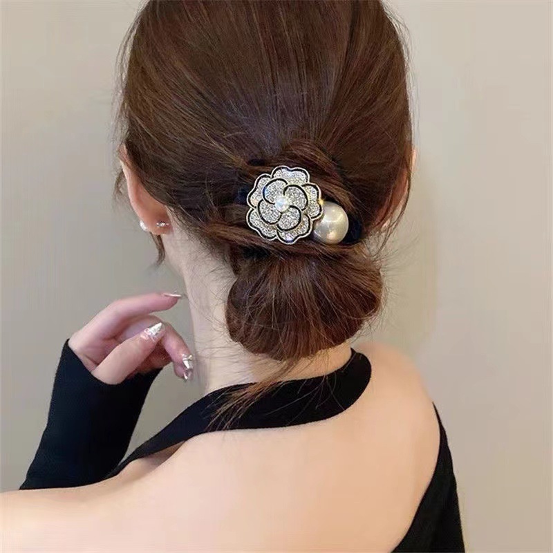Elegant and refined camellia hair band, high school elastic flower small intestine band, high ponytail hair tie, bun hair, rubber band headwear Specification drawing