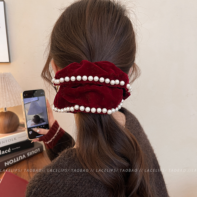 Ankela red velvet Heavy Industry pearl Large Intestine hair tie Headband for women, high-end style, ponytail bun hair tie full figure