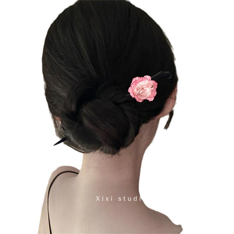 Purple rose wood hairpin, summer hairpin, mesh flower hairpin, ancient-style hairpin, flower headwear, elegant hair accessory for women Item Picture