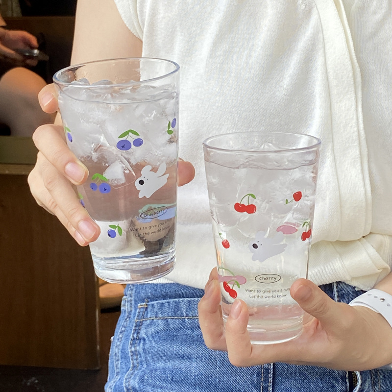 Homemade cool summer cherry blueberry puppy glass cup, cartoon hook juice cup, cold drink cup, large coffee cup full figure