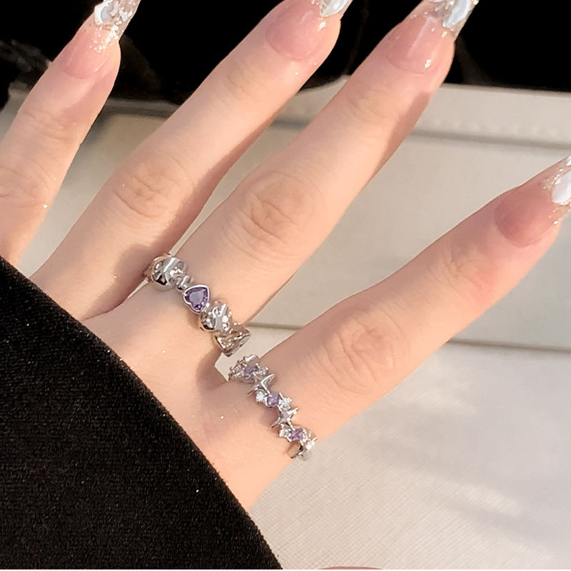 Purple diamond zircon heart-shaped opening ring, a niche design for women, with an InS-style light luxury and high-end feel, a new trendy index finger ring Specification drawing