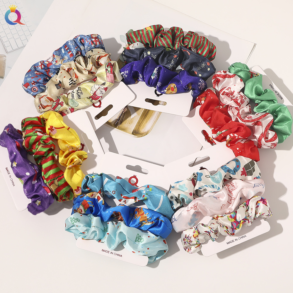 Qiyue's new Christmas hair band three-color set: Fresh fabric large intestine hair band, ponytail hair tie and hair accessory full figure