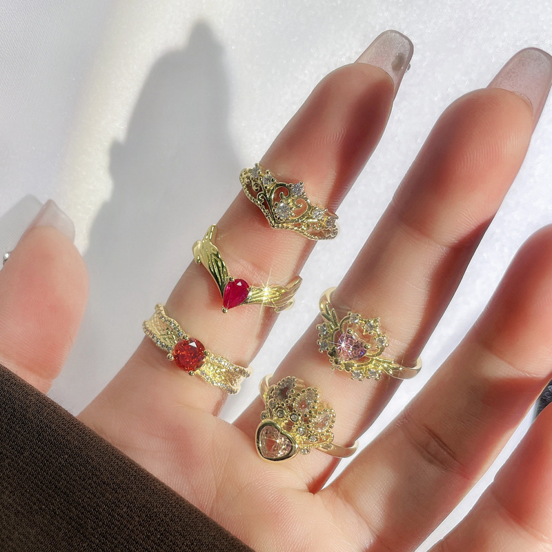 ins cool style, sweet love, pink diamond metal girl's fashionable open ring, women's retro Chinese trend personality ring Specification drawing
