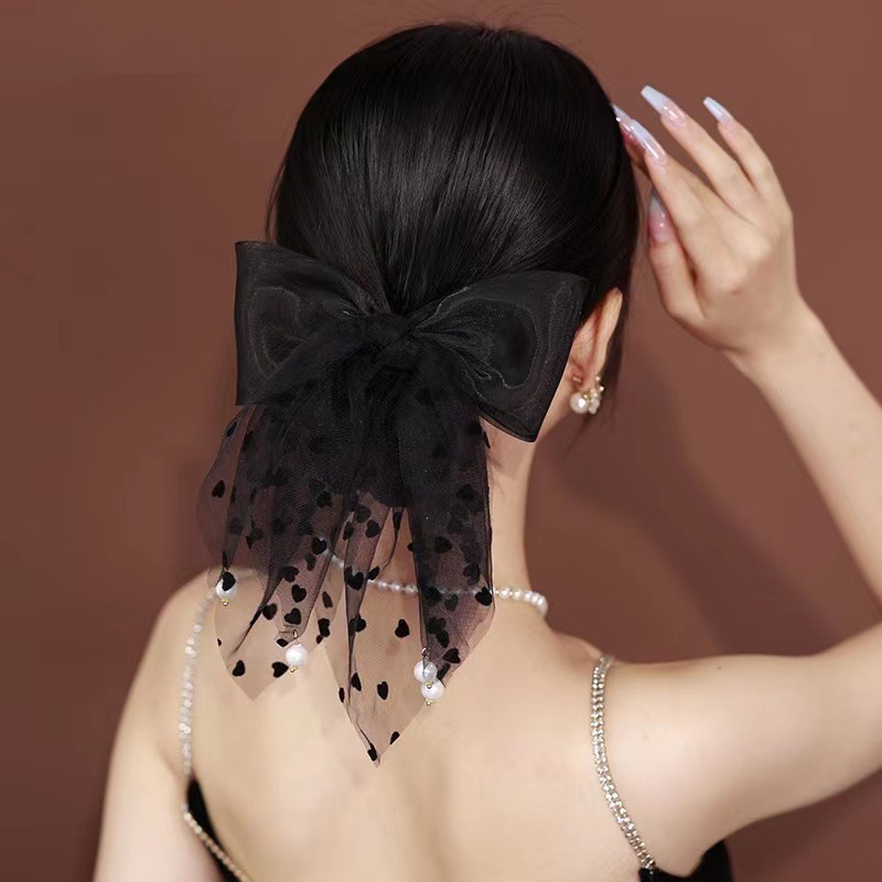 New women's lace black bow hair clip, pearl tassel hair tie, spring clip, high-end style hair clip and hair accessory full figure