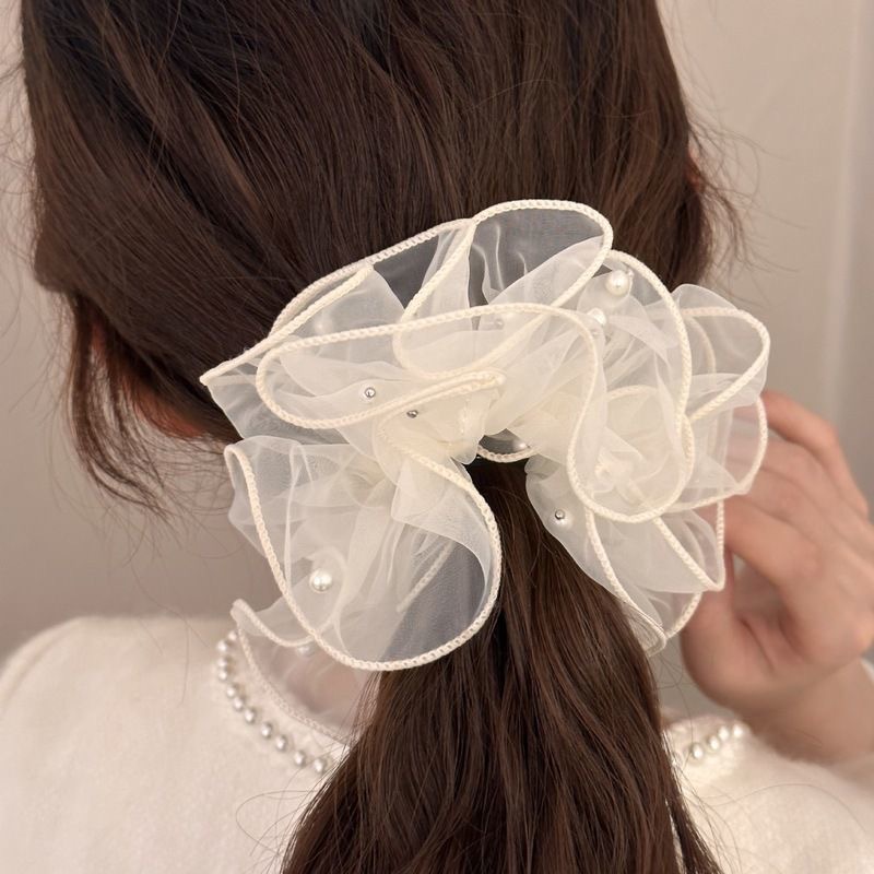 The new Korean organza sweet and ethereal stud pearl large intestine loop hair tie, double-layer lace bun hair tie Specification drawing