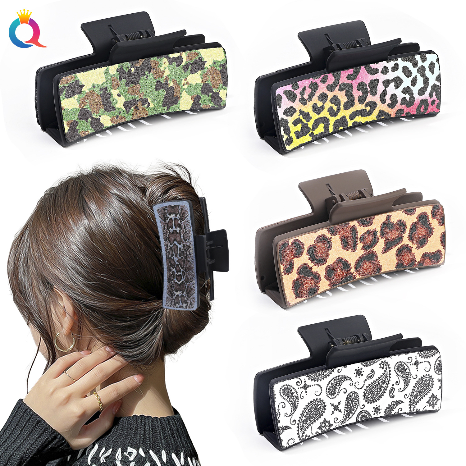 Qiyue Amazon PU shark clip, leather leopard print hair clip, retro cross-border square clip, cashew nut grab clip, women's hair accessory full figure
