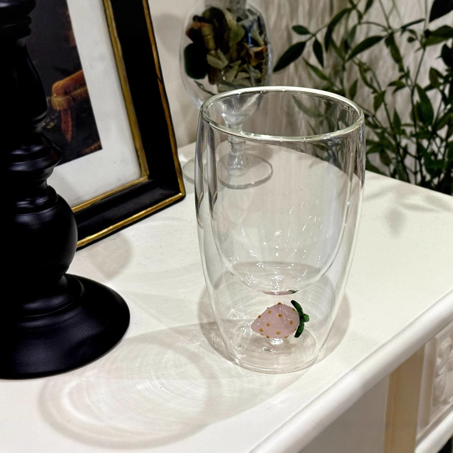Cute fruit-shaped creative double-layer glass sandwich water cup, InS-style coffee cup, juice cup, milk cup Application Scenario
