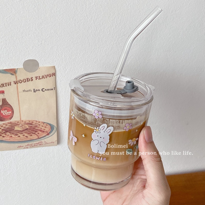 Bolimei Flower Rabbit Glass Straw Cup, Girlish Glass Water Cup, Milk Tea Cup, Student Covered Cup full figure