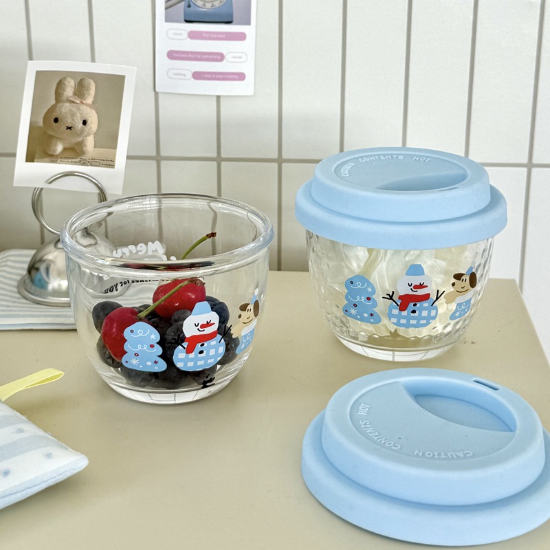 Korean inS-style blue snowman covered glass cup, coffee cup, cold brew cup, girlish water cup, cute cup details Picture