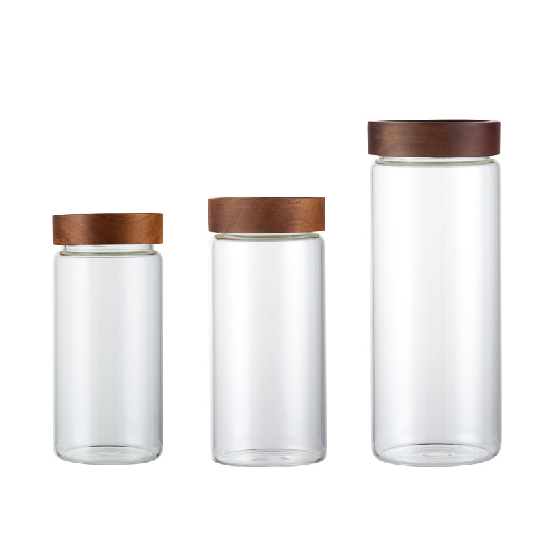 Glass grain sealed jar, household fresh-keeping food grade with lid, jam, bird's nest, acacia wood storage jar Item Picture