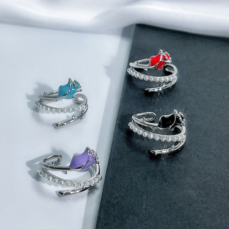 A high-end, light luxury, colorful rose and pearl drip glaze open ring, a simple and individual design for women Specification drawing