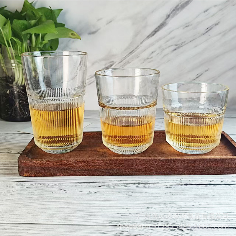 Striped stackable glass water cups, household milk breakfast cups, beverage juice cups, coffee cups, whisky beer cups Application Scenario