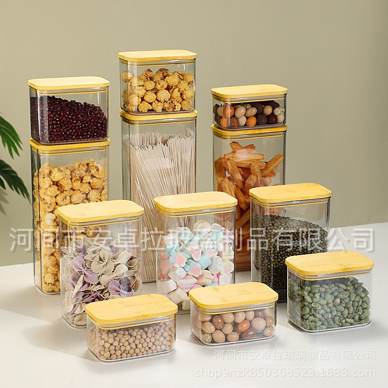 Rectangular sealed cans, food glass sealed boxes, high borosilicate rectangular storage cans, cross-border bamboo lid sealed cans full figure