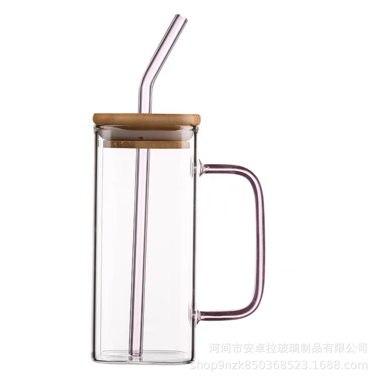 High borosilicate water cup with colorful handle straw, creative household square glass cup, ladies' water cup, simple and ins style Item Picture