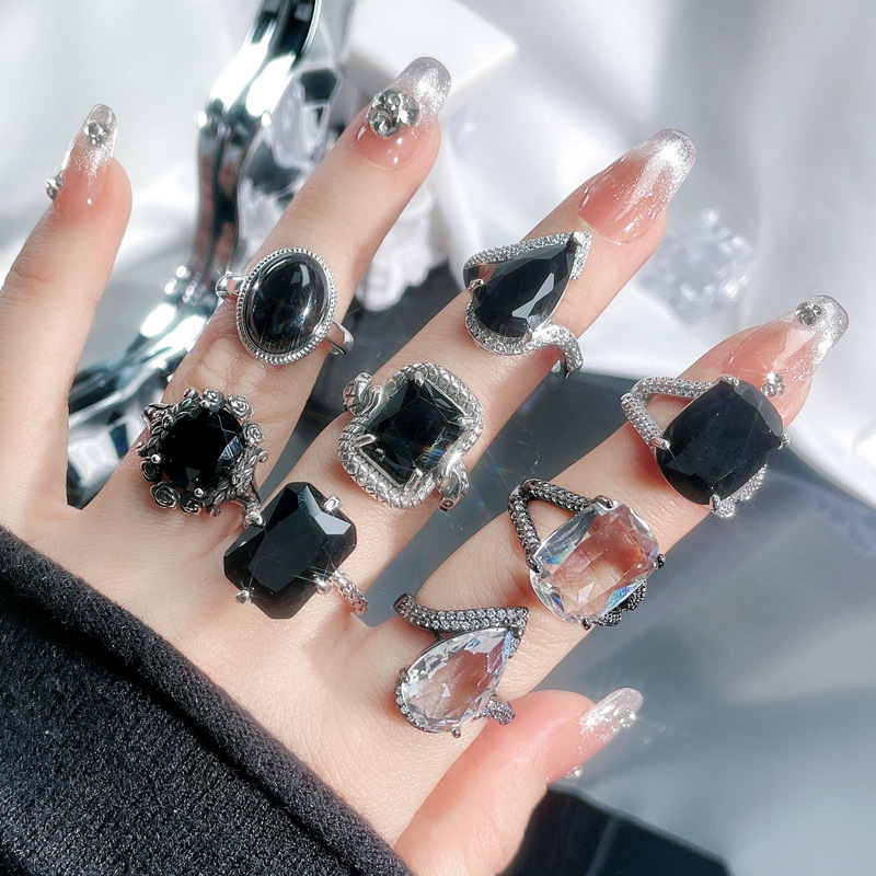 European and American punk, cool, dark, irregular zircon heavy industry open ring, women's Instagram cold style fashion food ring full figure