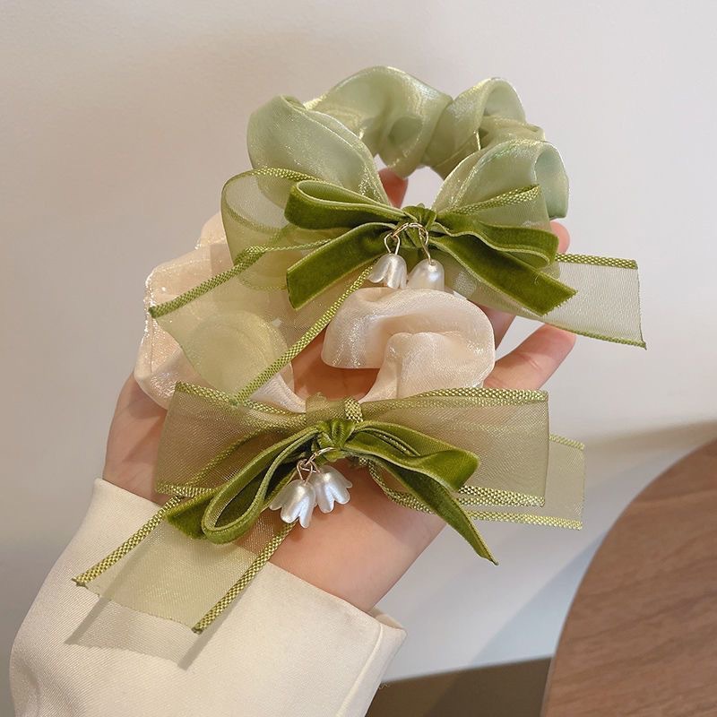 Bow, lily of the valley, flower hair tie, girls' high-end and light luxury style, leather band tie, large intestine circle hair tie Specification drawing