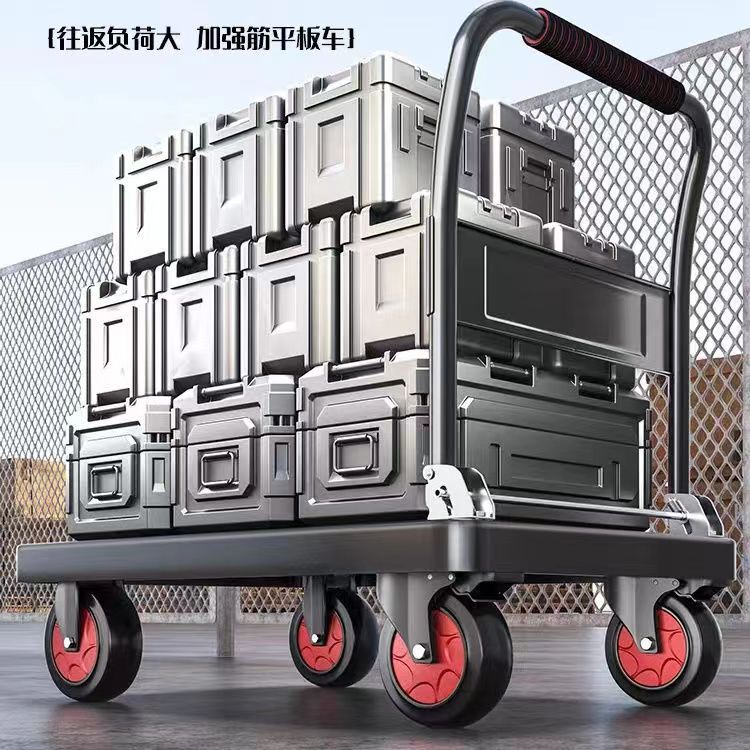(Factory direct sales) Four-wheel folding flatbed truck, express delivery handling small trailer, cargo trolley, push cargo handcart Application Scenario