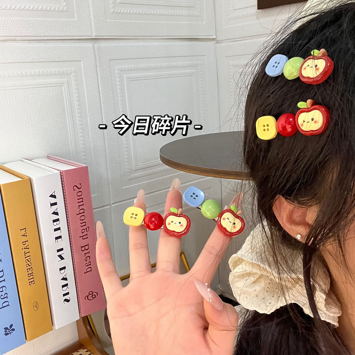 New Apple button hair clips for women, creative, cute and girlish style, bangs clips, side clips, and ins cartoon hair clips Specification drawing
