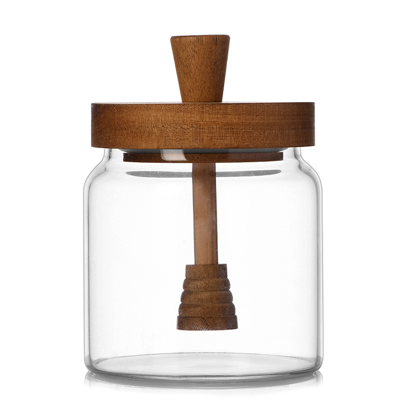 Honey storage bottle, high borosilicate glass sealed jar, wooden cap, stirring rod, transparent bottle, kitchen storage jar Item Picture