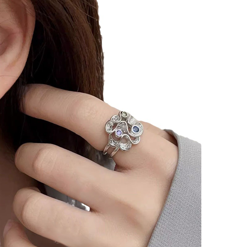 European and American inS-style personalized micro-inlaid zircon open ring for women, cold and cool style, colorful diamond and flower-layered food ring, trendy and cool Item Picture