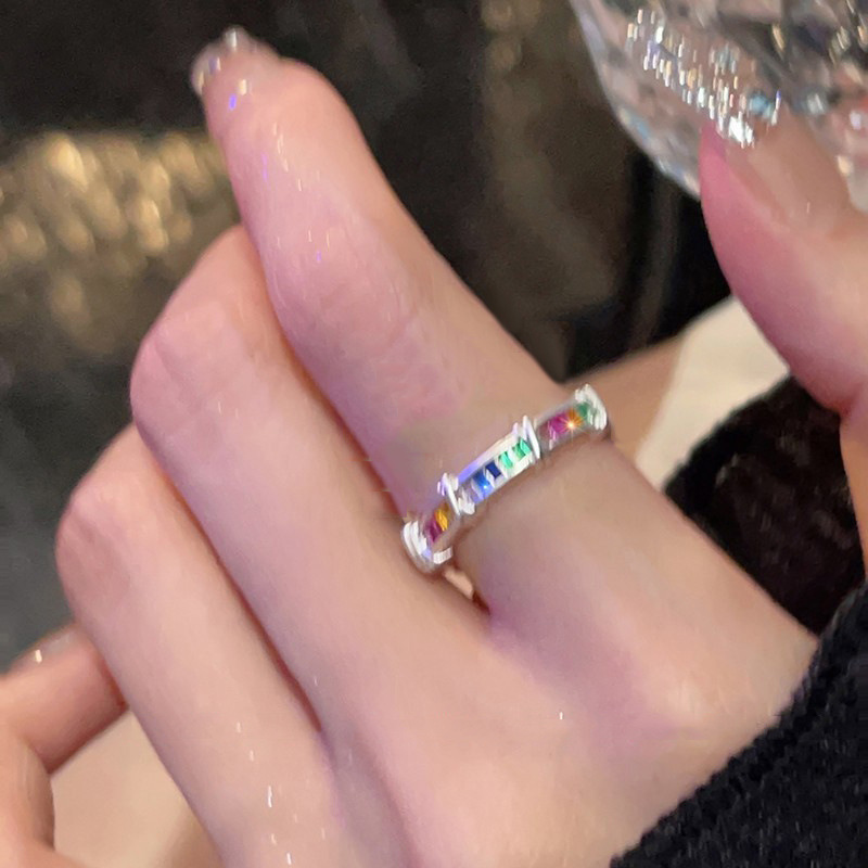 Sweet and cool rainbow Zircon ring, a niche design for women with a high-end feel, a light luxury index finger ring with an adjustable opening, a new type of ring details Picture