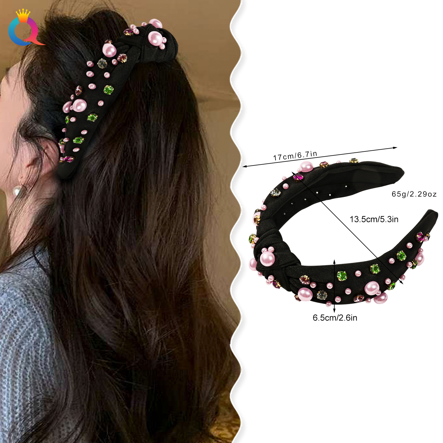 Qiyue Cross-border Autumn and Winter Hair bands, fabric high headbands, Valentine's Day hair holes, face washing water diamonds, pearl hair accessories wholesale details Picture
