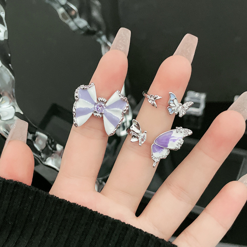 Cross-border fashion sweet and cool butterfly purple drip glaze open ring, women's Instagram cold style light luxury high-end index ring full figure