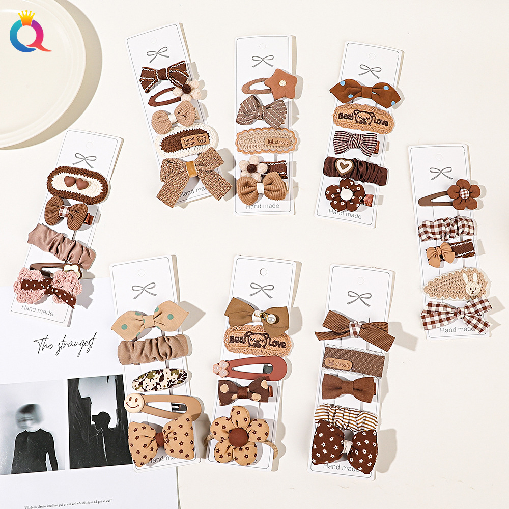 Qiyue Cross-border Fabric Bow Hair Clips, Little girl milk tea-colored bangs clips, ins duckbill clips hair accessories wholesale full figure