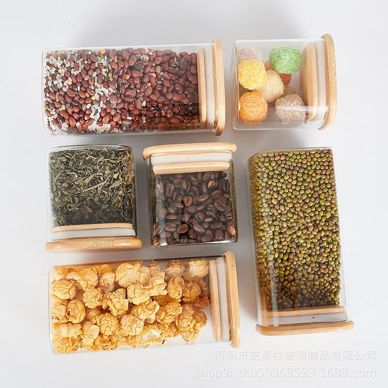 Square glass sealed jars with bamboo and wood LIDS, condiments, food, dried fruits storage jars, tea cans Application Scenario