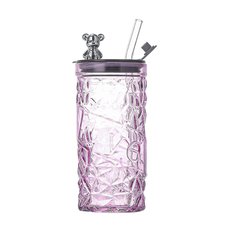 New glass straw water cup with high appearance level, bear straw cup, office home diamond cup, cute and creative cup Item Picture