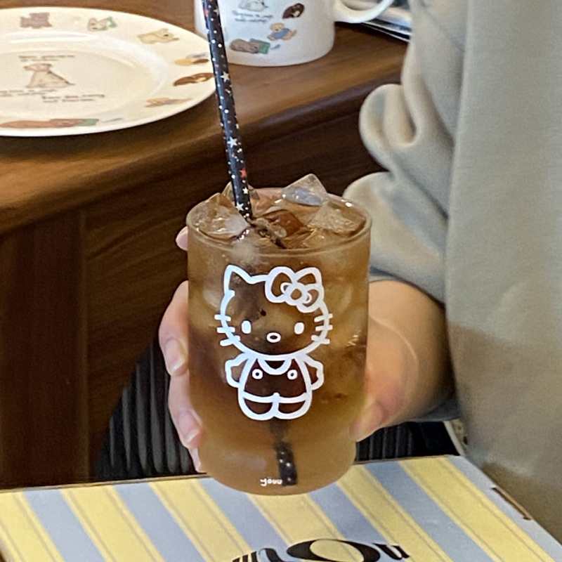 ins high-transparency cartoon kt cat glass cup, cute high borosilicate water cup, girlish milk breakfast cup, coffee cup details Picture