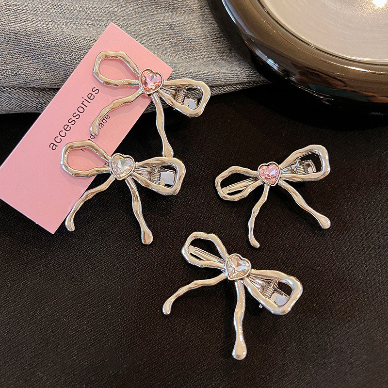 Miao's sweetheart ~ Silver water diamond bow hairpin design sense, liquid metal bangs clip, duckbill clip, side clip details Picture
