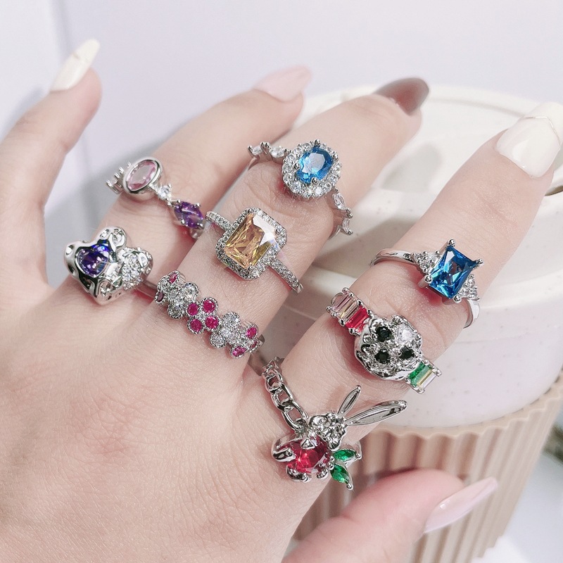 French retro colored zircon light luxury high-end open ring, fashionable and versatile, individual and exquisite, cold style ring Specification drawing