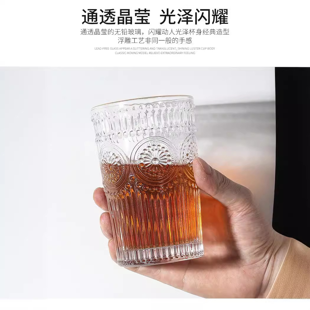 Wholesale vintage embossed water cups, transparent glass cups, sunflower cups, popular household and restaurant milk cups, cocktail cups Application Scenario