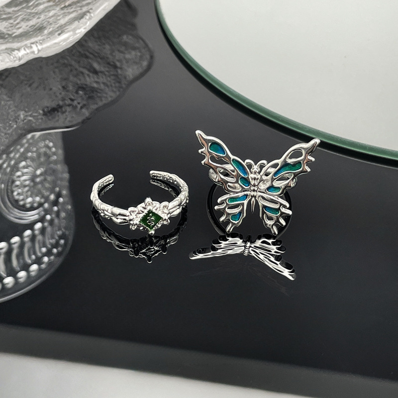 Korean-style butterfly-shaped gradient drip glaze fashionable open ring, a cold and unique female style, small square snake-shaped index finger ring Specification drawing