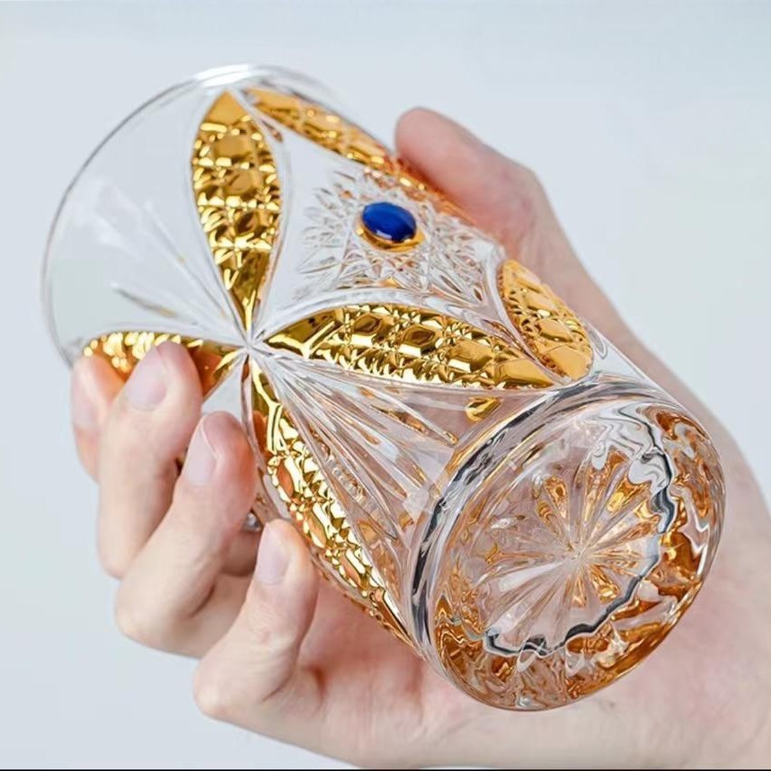 Crystal butterfly cup, high-end lead-free thickened glass cup, embossed water cup, retro cold drink, household golden juice cup Specification drawing