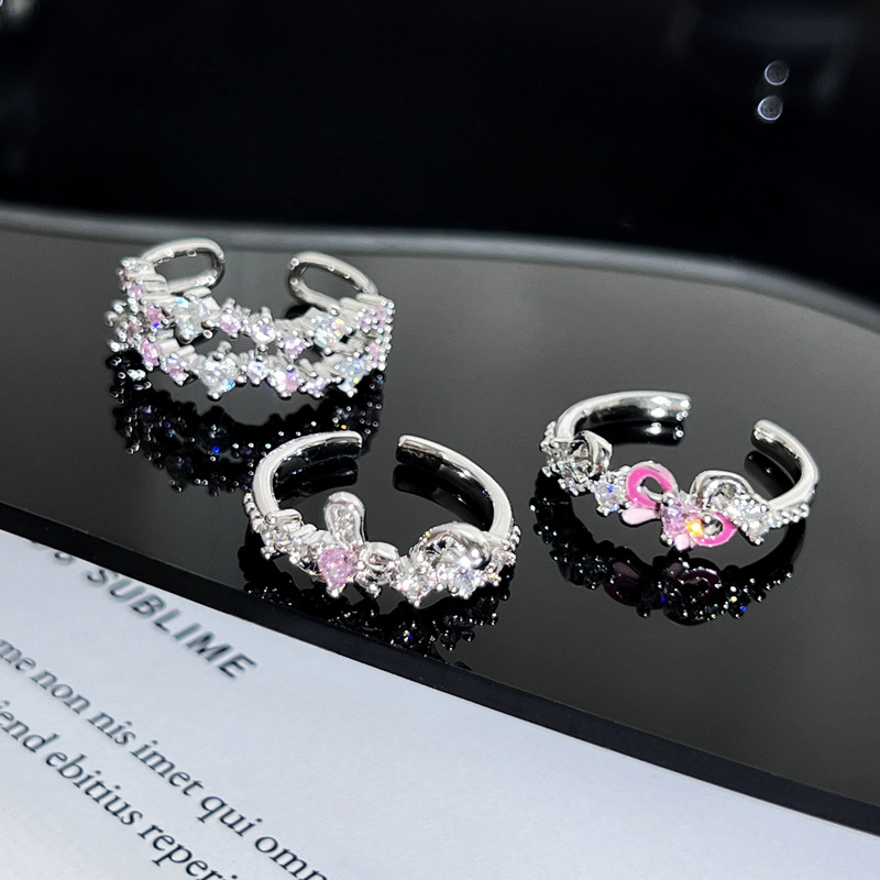 Sweet double-layer pink diamond bow ring, a niche design for women, with a cold and elegant style, trendy and individualistic, fashionable index finger ring Specification drawing