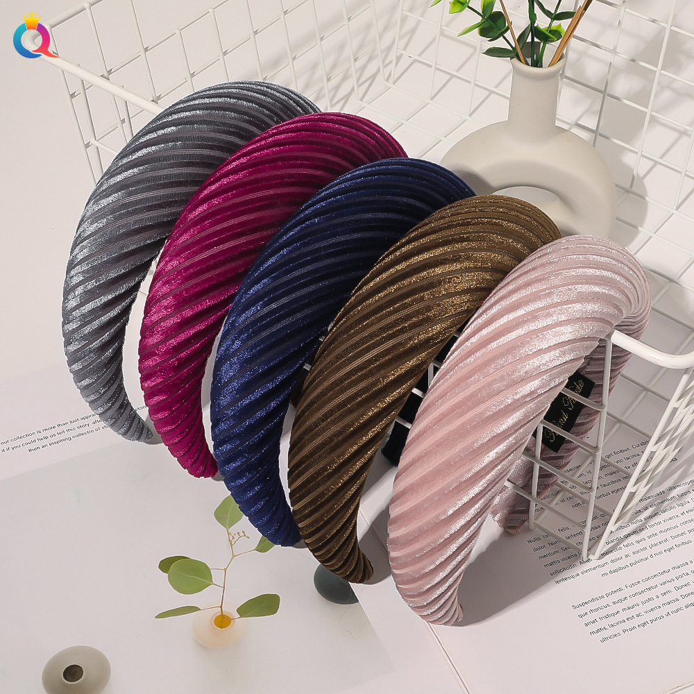 Qiyue Cross-border Sponge Hairband for Women, solid color, wide edge, striped and wrinkled headband, hairpin headwear B144 full figure