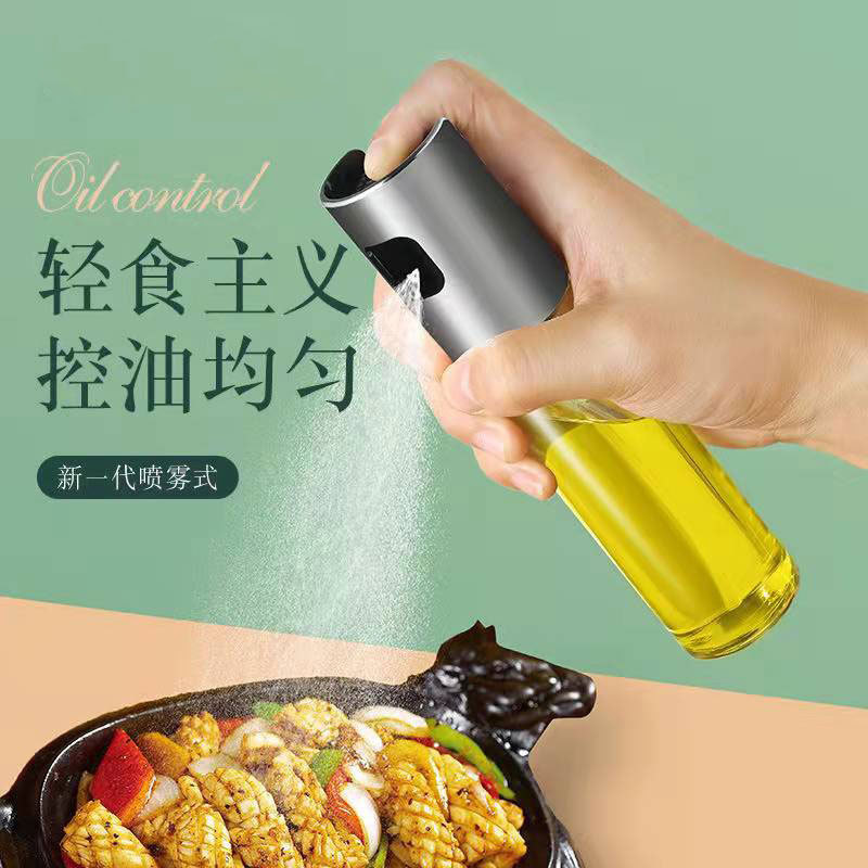 Kitchen stainless steel glass healthy oil-control 100ml oil spray bottle, barbecue air fryer high-pressure atomized oil spray bottle details Picture