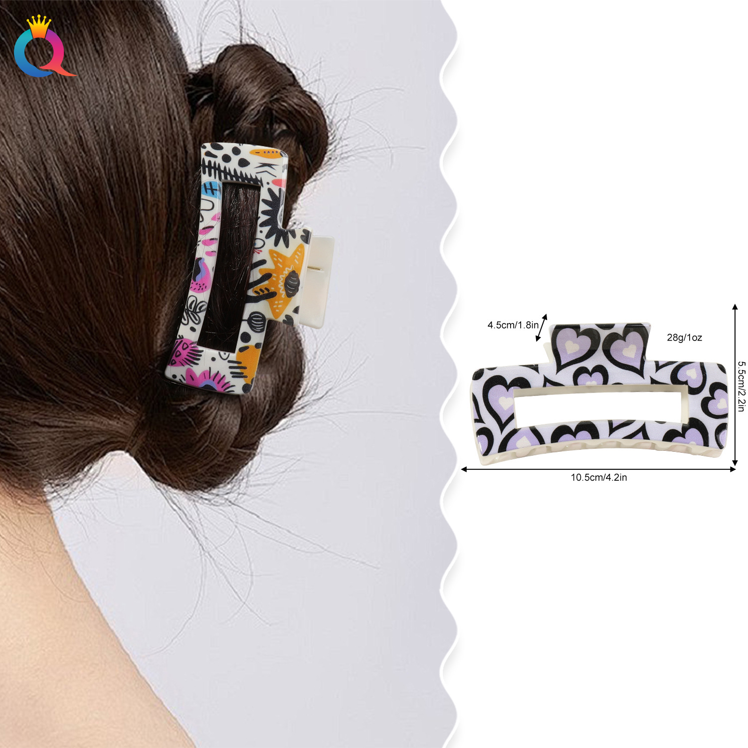 Qiyue Cross-border's new Korean-style simple and high-end UV-printed square hair clips, shark clips, headwear and hair accessories for women wholesale details Picture