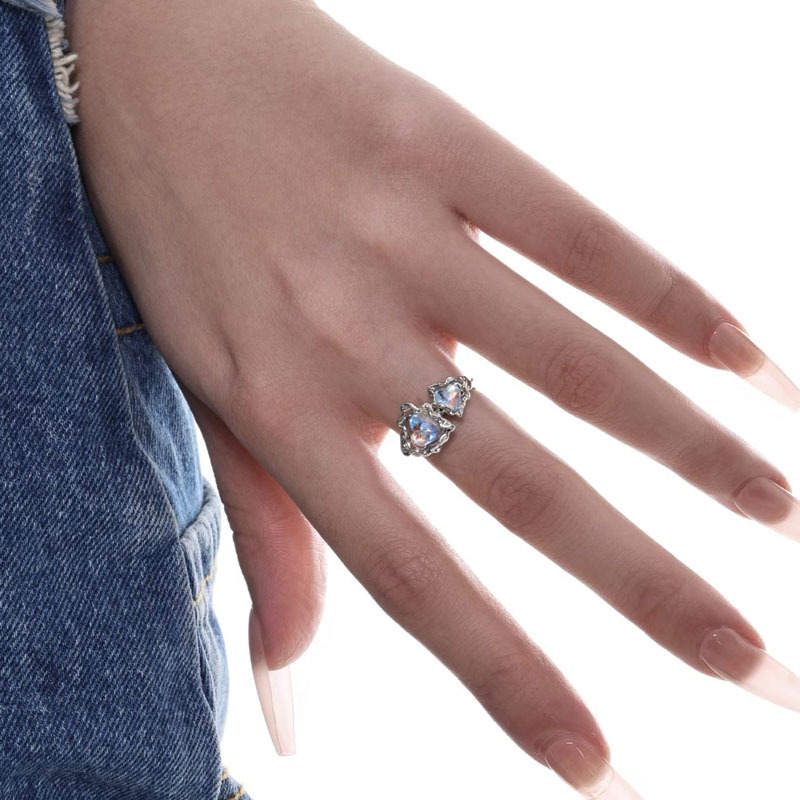 Fashionable and individual liquid texture moonstone open ring with heart shape, simple and niche design sense for women Specification drawing